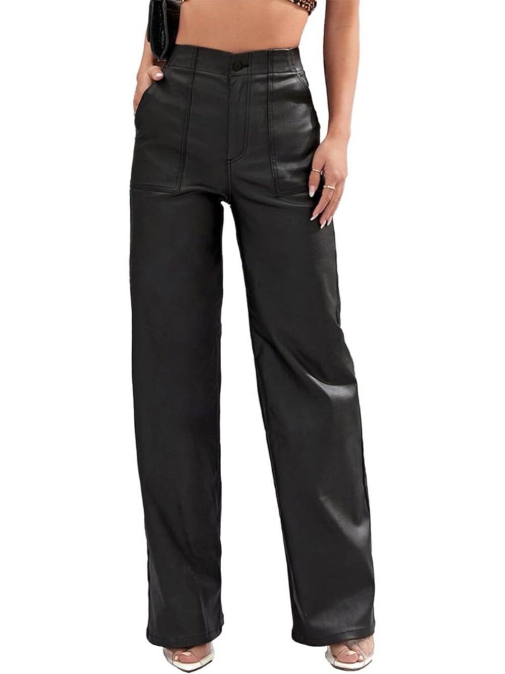 Faux Leather Pants High Waist Coated PU Button Straight Leather Black Leggings W - Picture 7 of 7